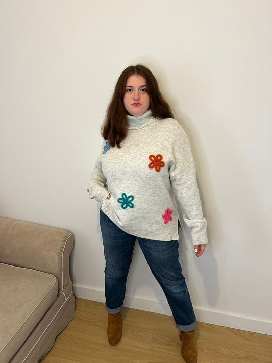 Femme grande taille, pull col roulé blanc à fleurs 