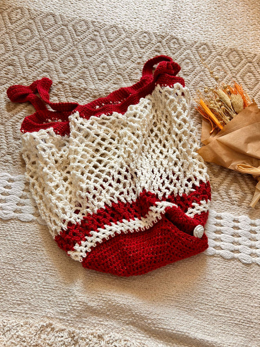 Filet à provision, sac à course, sac de plage bordeaux blanc, avec poche de rangement 