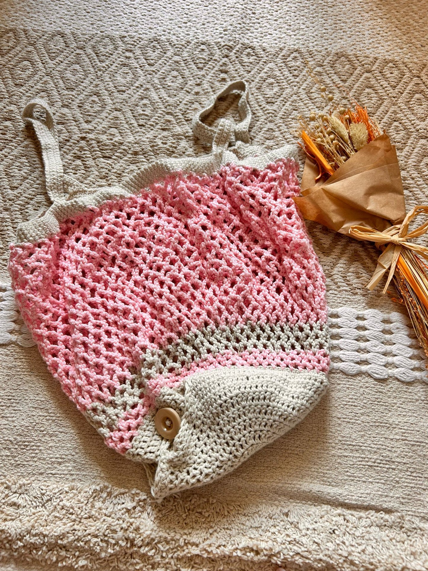 Filet à provision, sac à course, sac de plage rose et beige, avec poche de rangement 