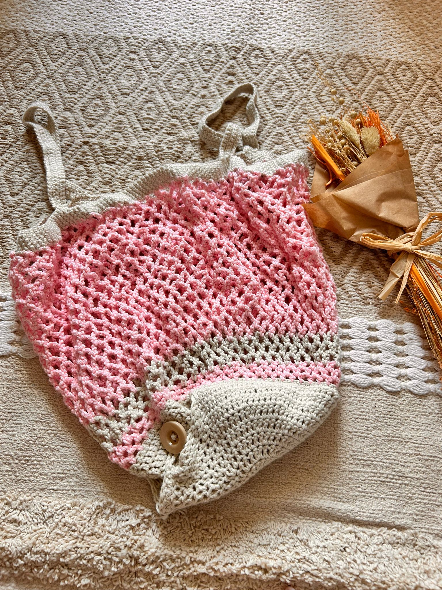 Filet à provision, sac à course, sac de plage rose et beige, avec poche de rangement 